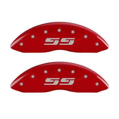 MGP Front set 2 Caliper Covers Engraved Front Silverado style/SS Red finish silver ch