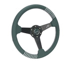 NRG Steering Wheel 1.5in Dish 350mm Black Perforated Leather - Emerald Stitching - Reinforced Spoke