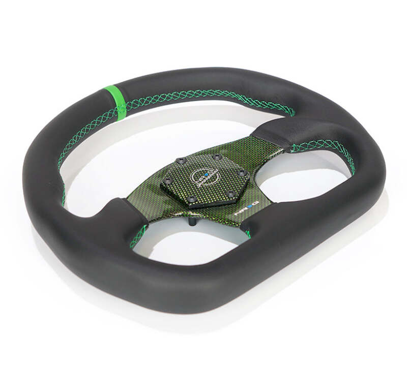 NRG Carbon Fiber Flat Bottom Steering Wheel (320mm) Green CF Center w/Green Stitch/Center Mark