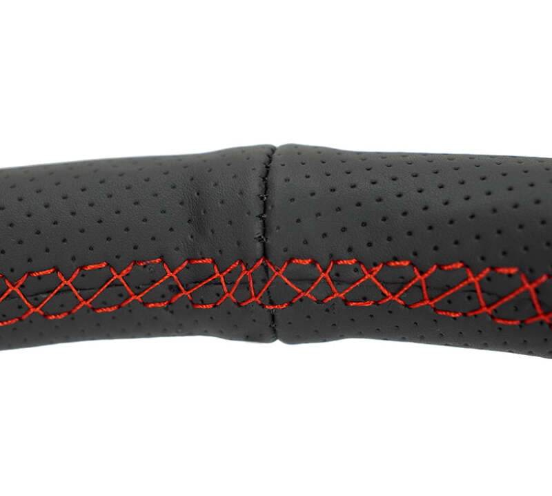 NRG Reinforced Stealth Wheel (380mm) 3 Spoke Center - 1in Deep Dish - Perforated Leather Red Stitch