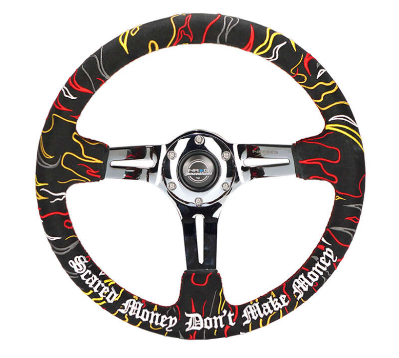NRG Reinforced Steering Wheel R Litteral Sig 3in Deep/5mm Chrome Spoke - Blk Alcantara w/ Red Stitch