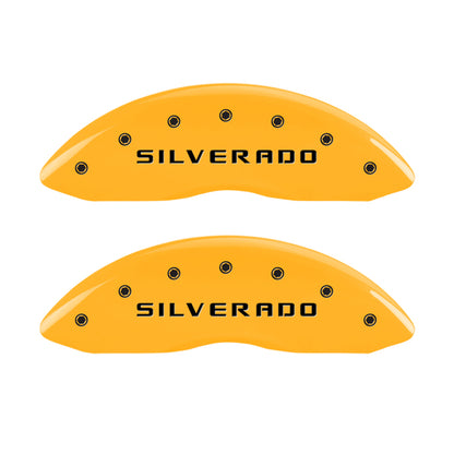 MGP Front set 2 Caliper Covers Engraved Front Silverado Yellow finish black ch