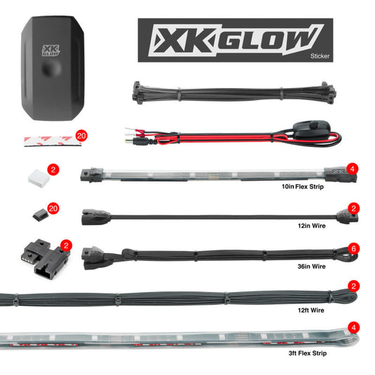 XK Glow Flex Strips Million Color XKCHROME App Controlled Boat Marine Kit 4x36In Strips + 4x10In