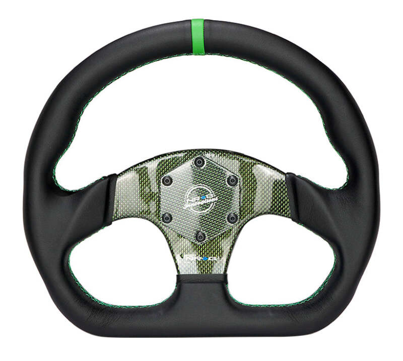 NRG Carbon Fiber Flat Bottom Steering Wheel (320mm) Green CF Center w/Green Stitch/Center Mark