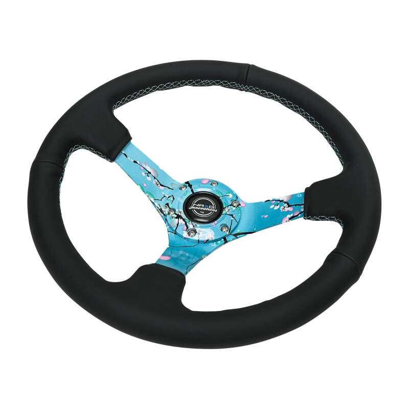NRG Reinforced Suede Steering Wheel (350mm / 3in. Deep) Hydro Dipped Blossom Floral w/ Teal Stitch