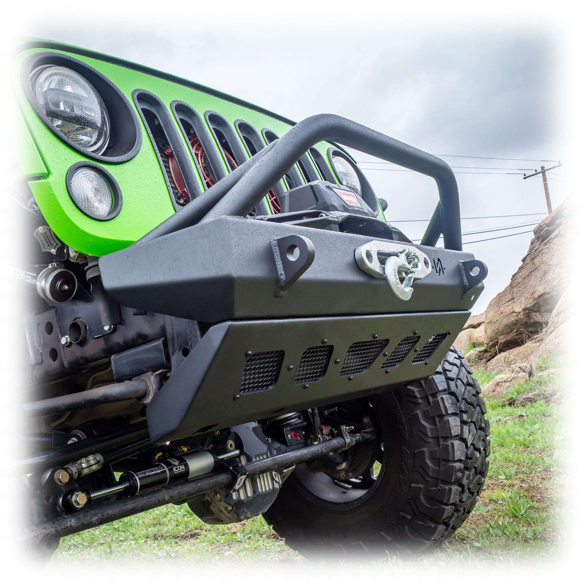 Turn Offroad Front Bumper with Welded Bull Bar and Skid Plate for Jeep Wrangler JK, JL, and Gladiator JT