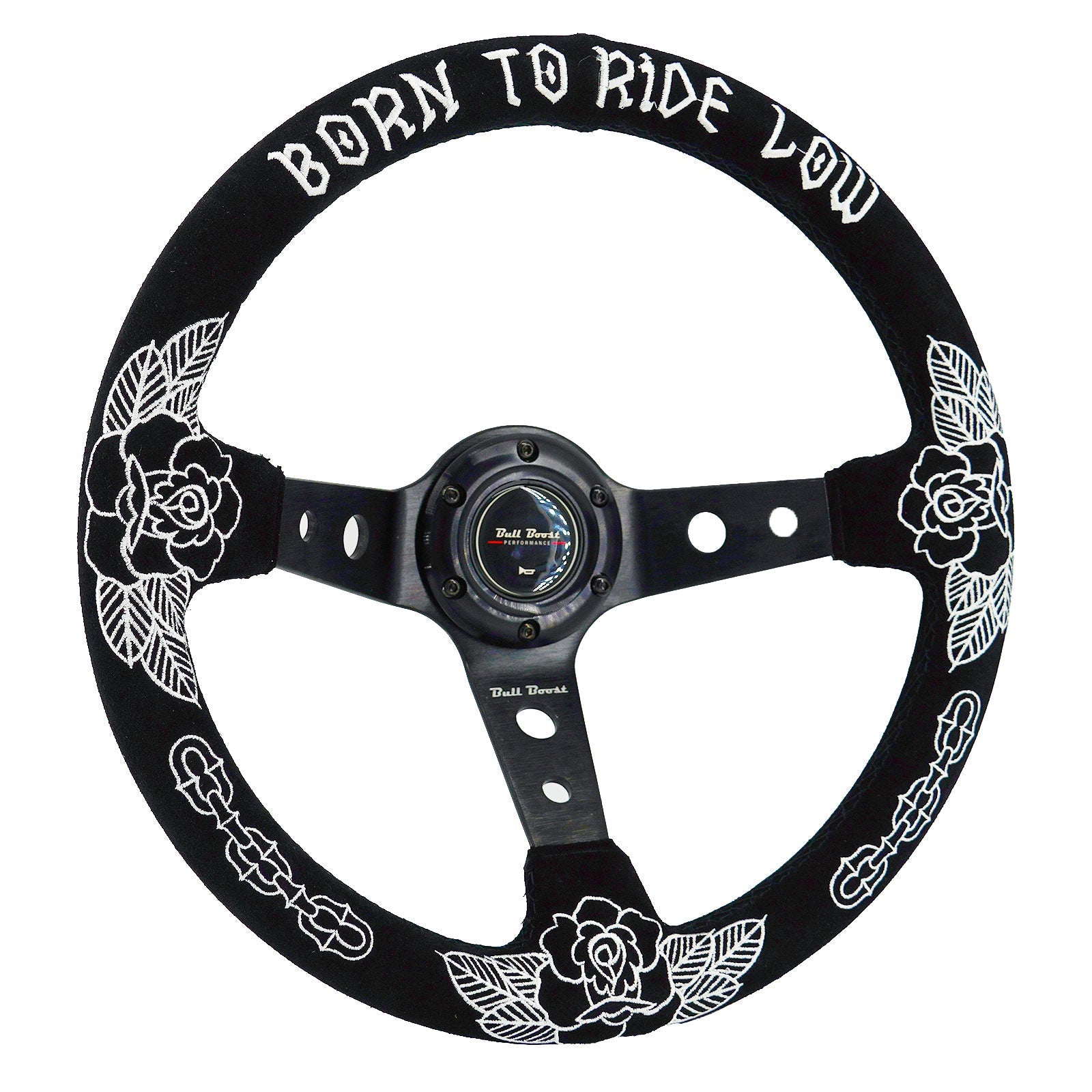 Custom Rose Universal 350mm 3" Deep Dish 6-Bolt Steering Wheel Black Suede Alcantara - Bull Boost Performance