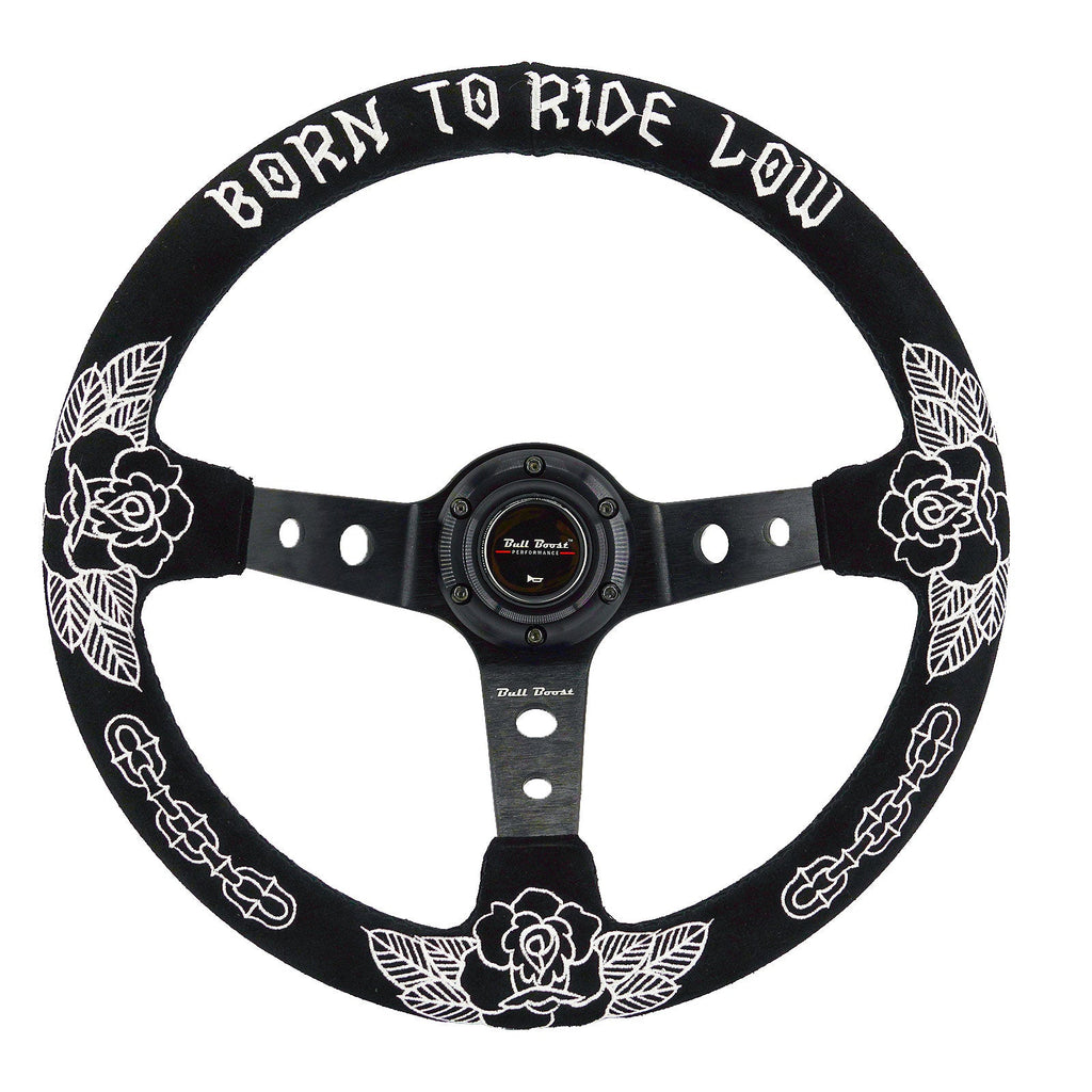 Custom Rose Universal 350mm 3" Deep Dish 6-Bolt Steering Wheel Black Suede Alcantara - Bull Boost Performance