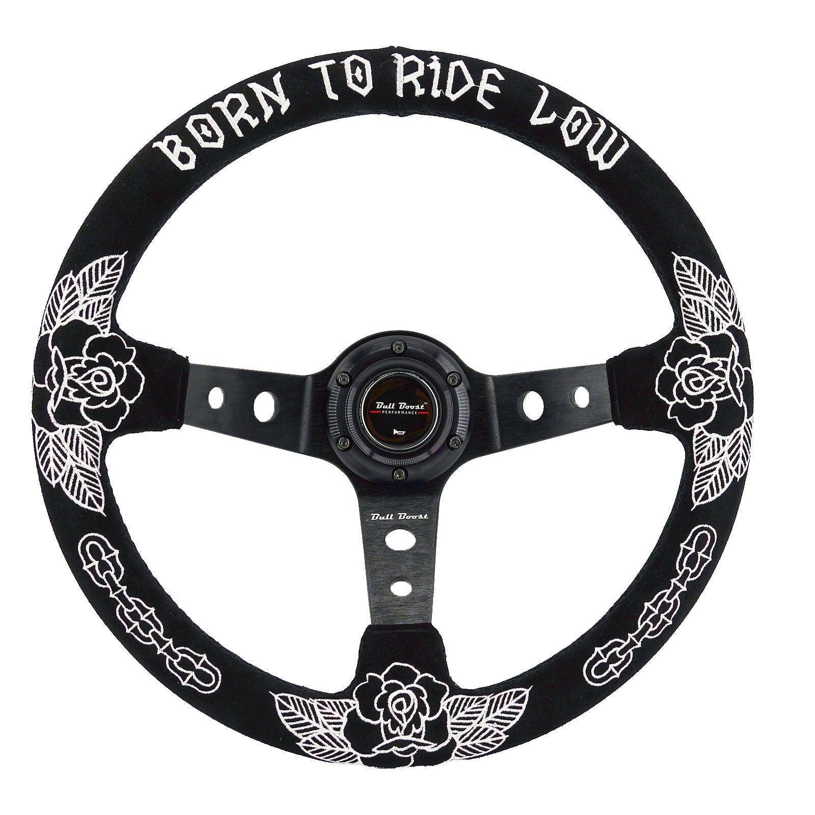 Custom Rose Universal 350mm 3" Deep Dish 6-Bolt Steering Wheel Black Suede Alcantara - Bull Boost Performance