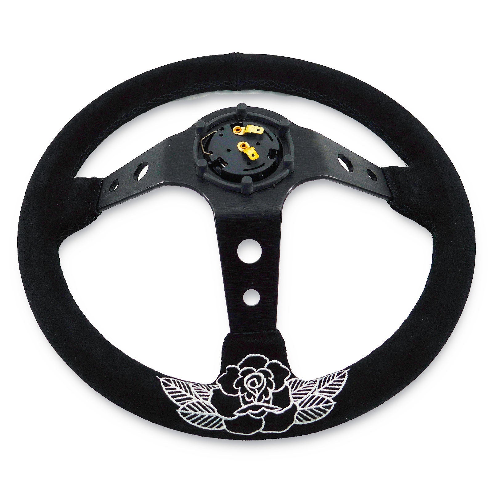 Custom Rose Universal 350mm 3" Deep Dish 6-Bolt Steering Wheel Black Suede Alcantara - Bull Boost Performance