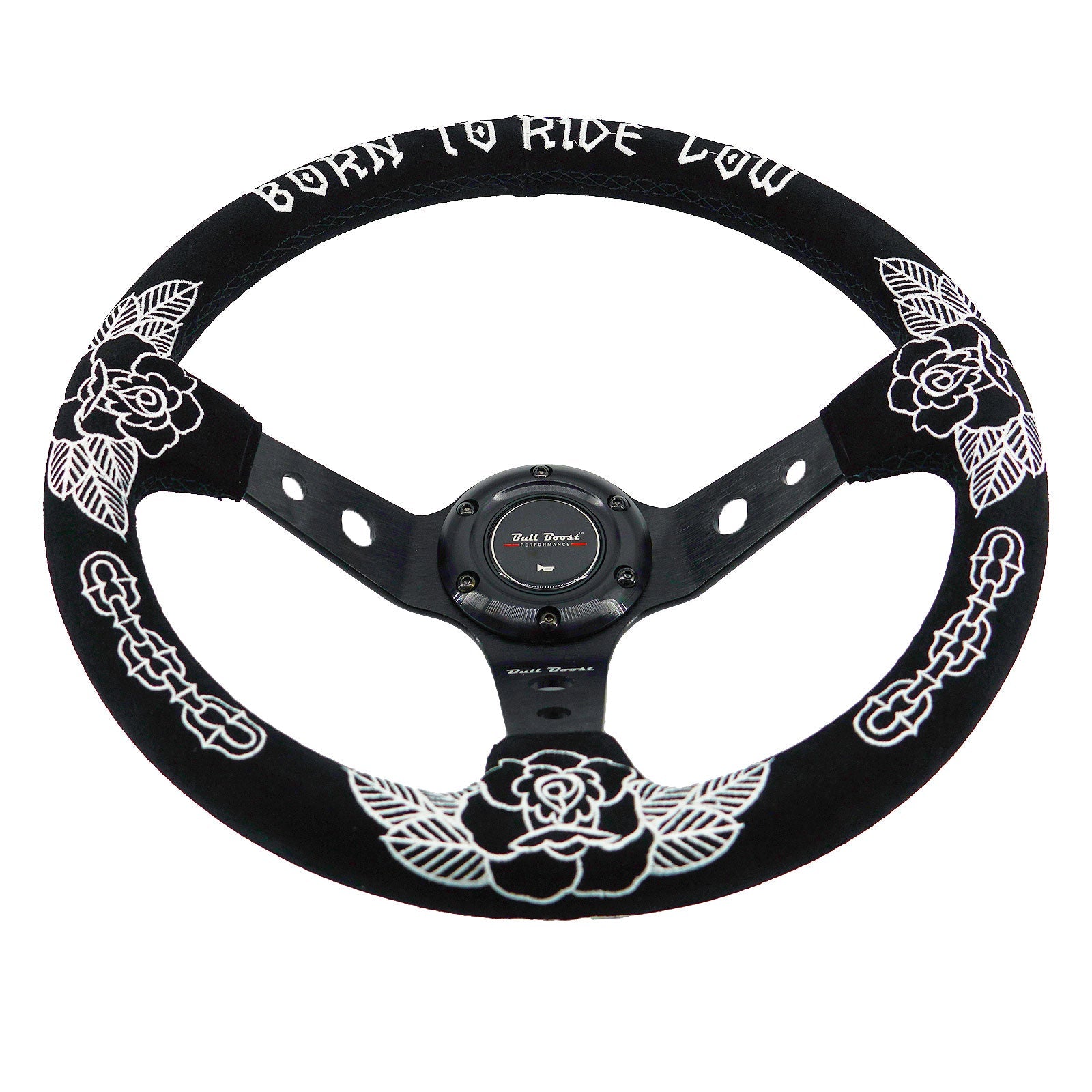 Custom Rose Universal 350mm 3" Deep Dish 6-Bolt Steering Wheel Black Suede Alcantara - Bull Boost Performance