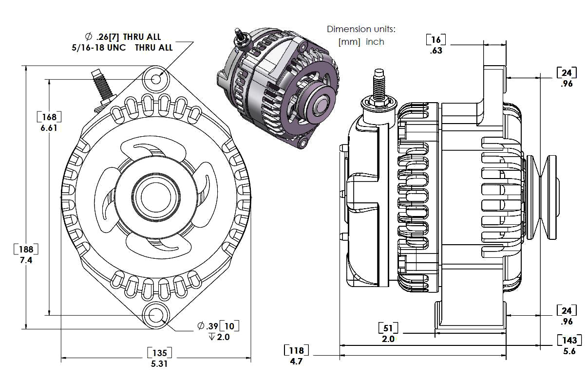 S Series 6 Phase High Output 240 Amp Alternator with 6.61" - Polished w/March 1.75" Pulley and Fan