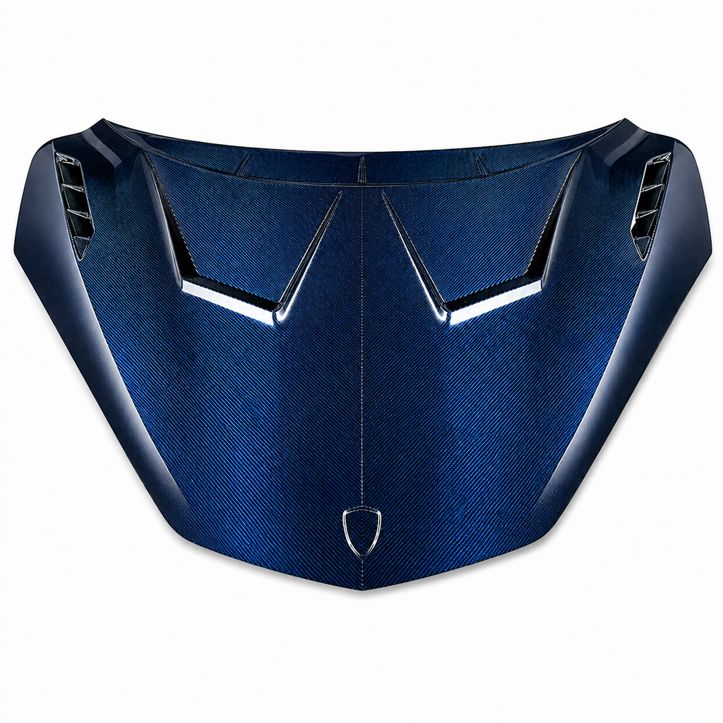 Aggressive Clear Blue Dry Carbon Fiber Hood for Lamborghini Revuelto by Stratec Systems