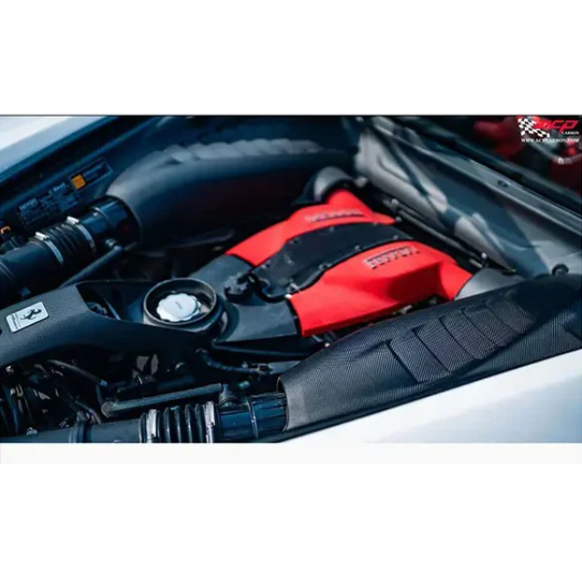Dry Carbon Fiber Engine Bay Compartment for Ferrari F8 by Stratec Systems