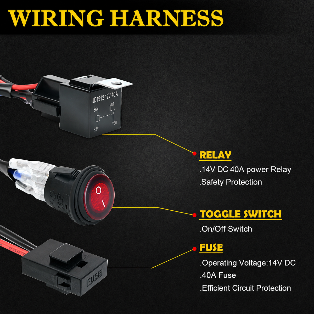 LED LIGHT BAR WIRING HARNESS KIT (2 LEADS 16AWG) WITH FUSE 12V 40A RELAY 3/4" ON/OFF SWITCH By Gatekeeper Off-Road