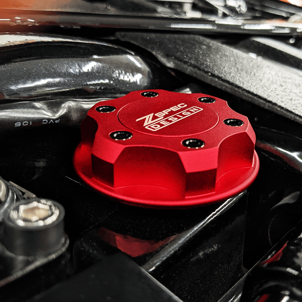 ZSPEC Billet Oil Filler Cap for Nissan/Infiniti/Datsun, Red Cap w/ Titanium Accents