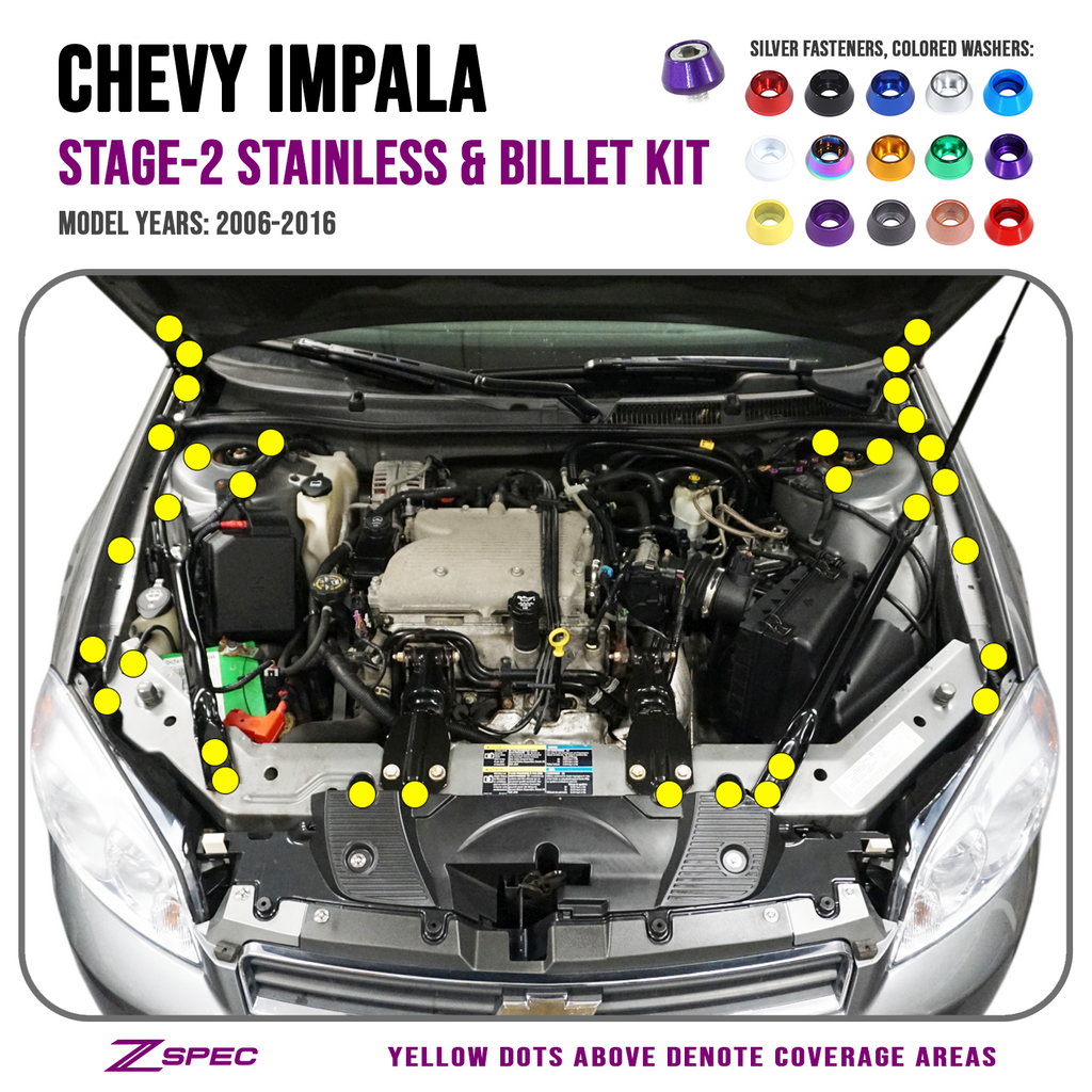 ZSPEC "Stage 2" Dress Up Bolts® Fastener Kit for '06-16 Chevy Impala, Stainless & Billet