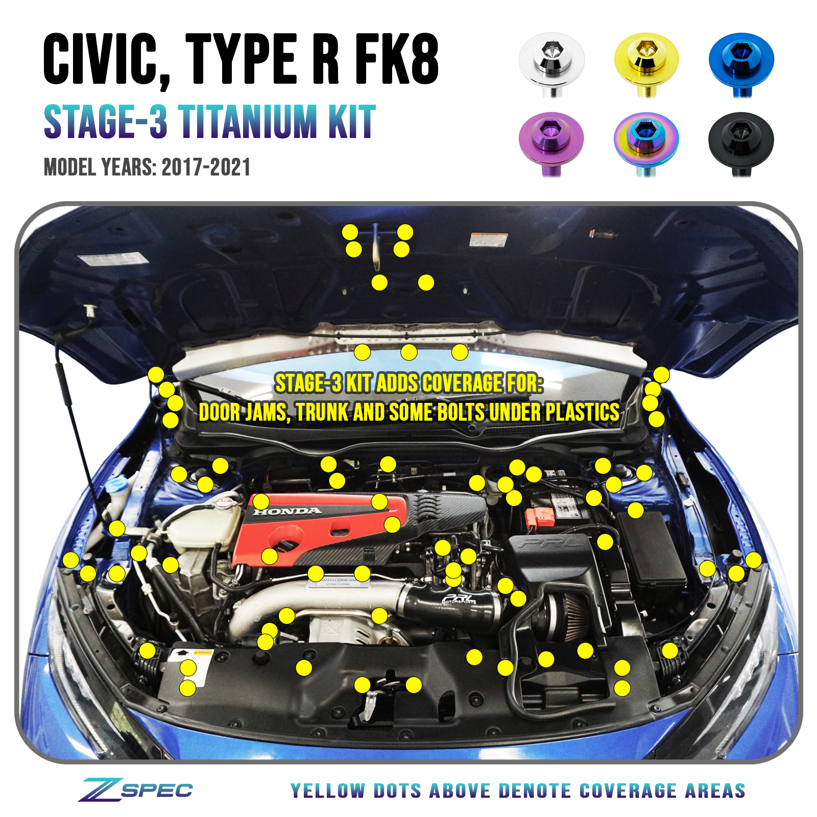 ZSPEC Stage-3 Dress Up Bolts® Fastener Kit for the Civic FK8 Type R, Titanium