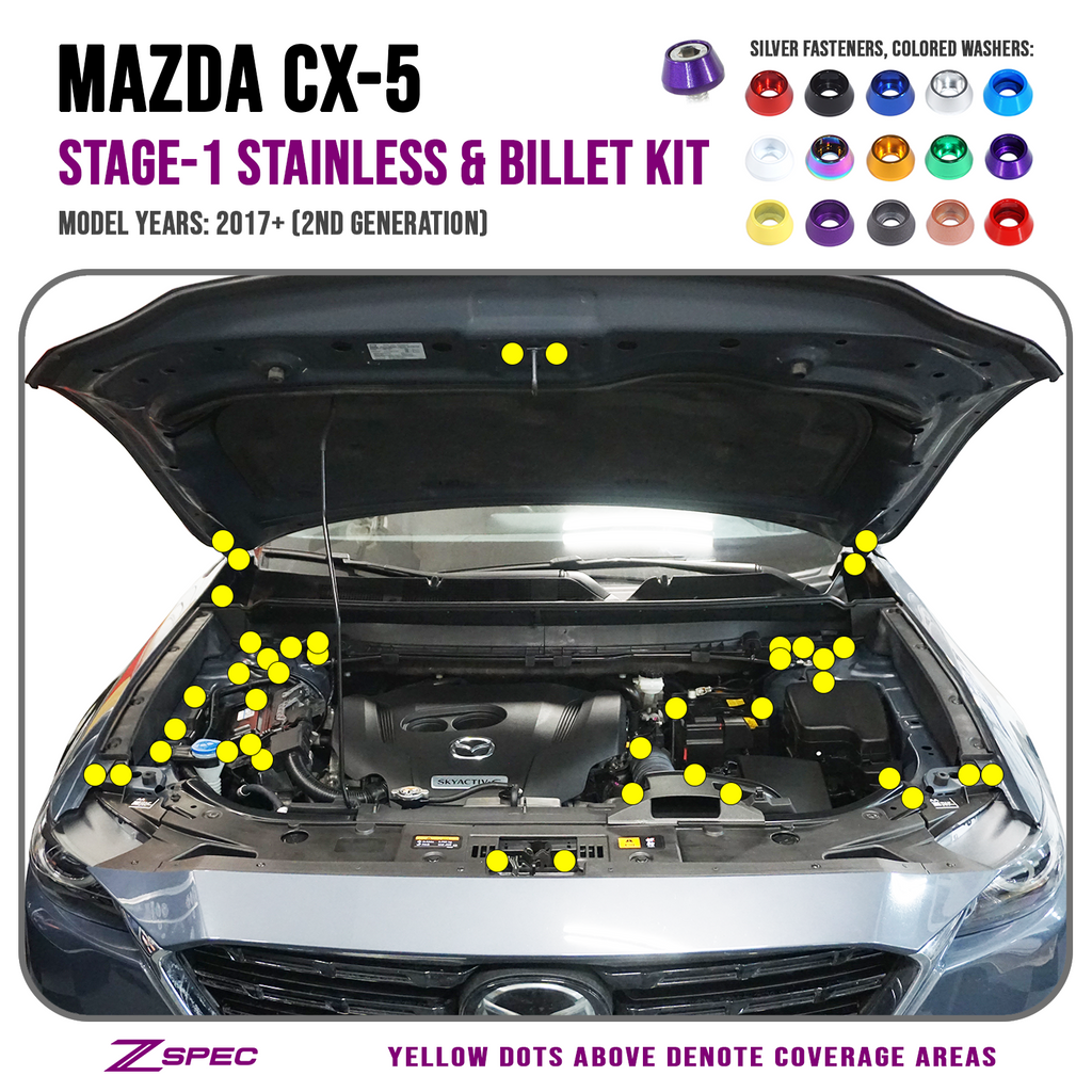 ZSPEC "Stage 1" Dress Up Bolts® Fastener Kit for '17-23 Mazda CX-5, Stainless & Billet