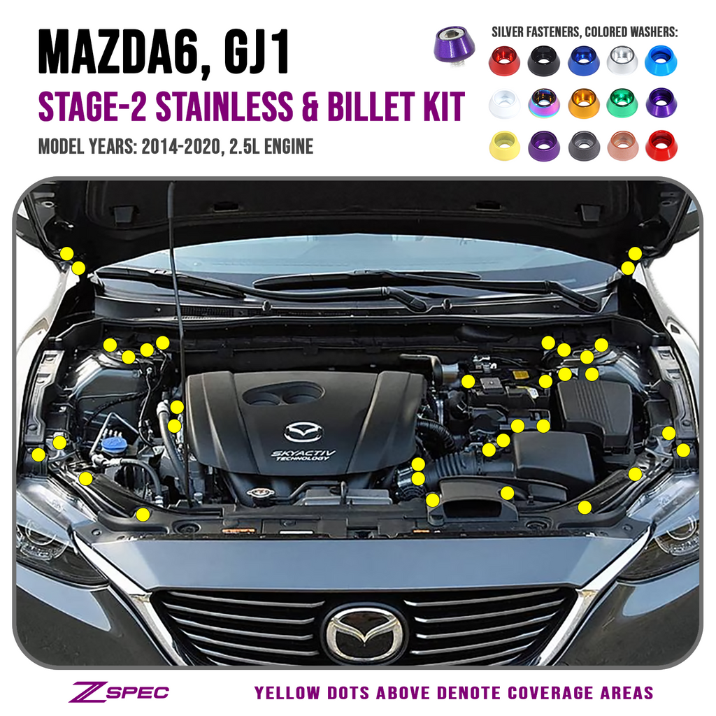 ZSPEC "Stage 2" Dress Up Bolts® Fastener Kit for '14-20 Mazda6 2.5L, Stainless & Billet