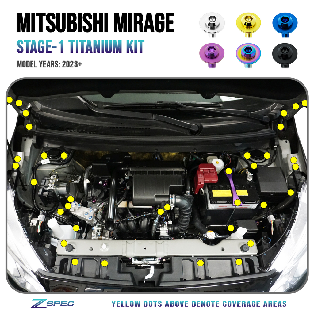 ZSPEC "Stage 1" Dress Up Bolts® Fastener Kit for '23+ Mitsubishi Mirage, Titanium