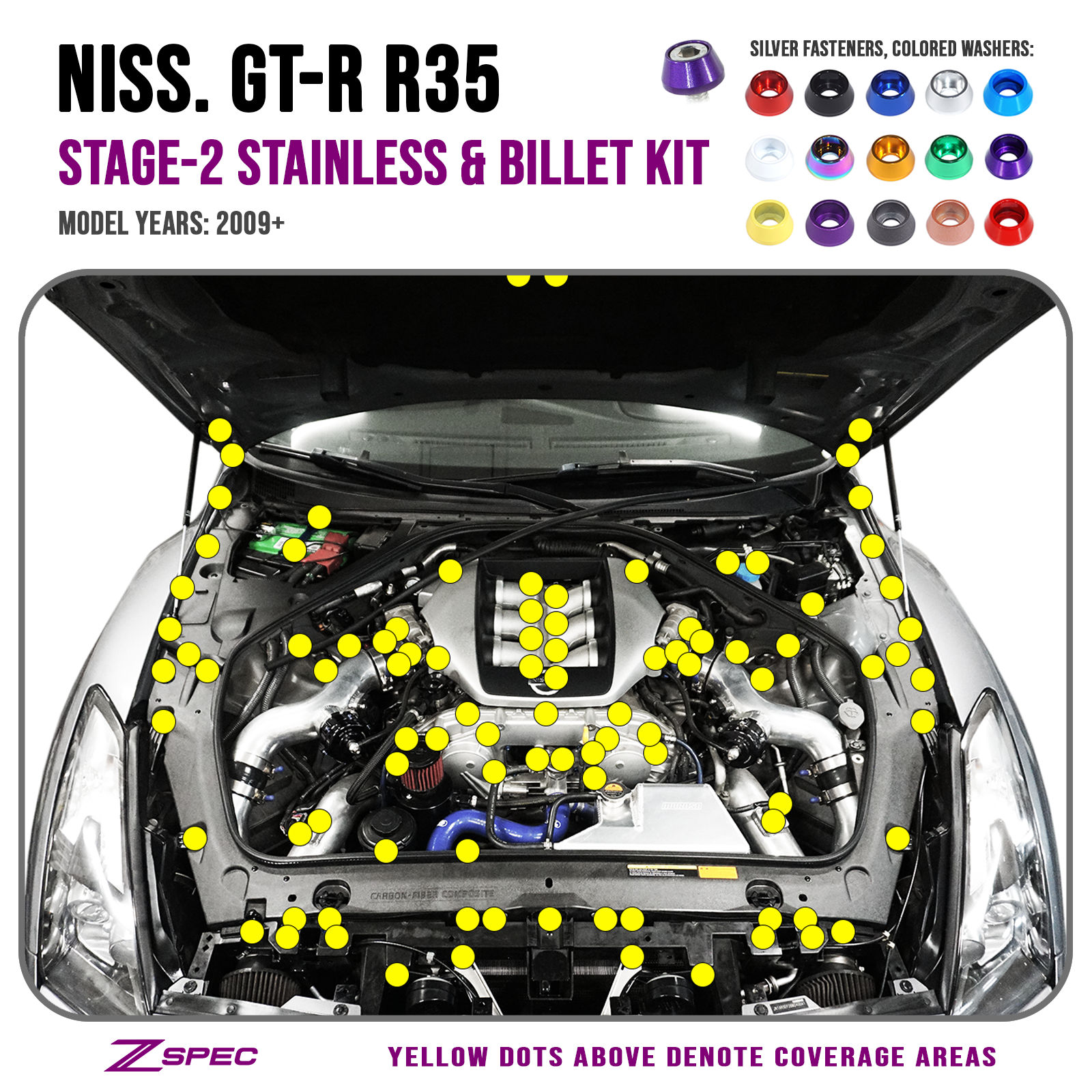 ZSPEC "Stage 2" Dress Up Bolts® Fastener Kit for '09-23 Nissan GTR (R35), Stainless & Billet
