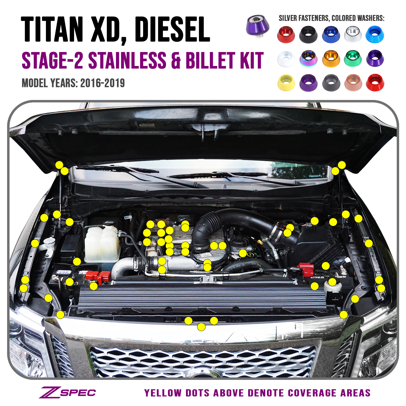 ZSPEC "Stage 2" Dress Up Bolts® Fastener Kit for 16-19 Nissan Titan XD Diesel A61 Cummins, Stainless & Billet