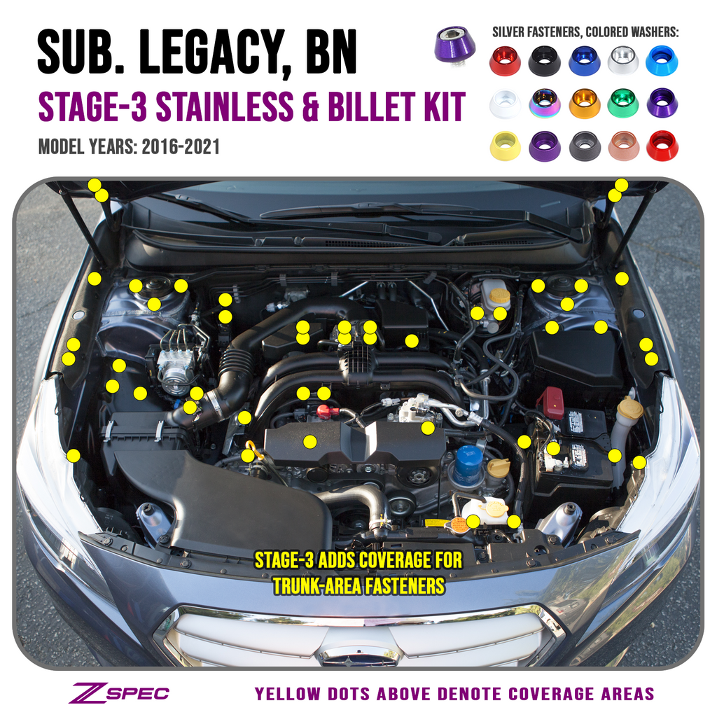 ZSPEC "Stage 3" Dress Up Bolts® Fastener Kit for '16-21 Subaru Legacy 3.6L, Stainless & Billet