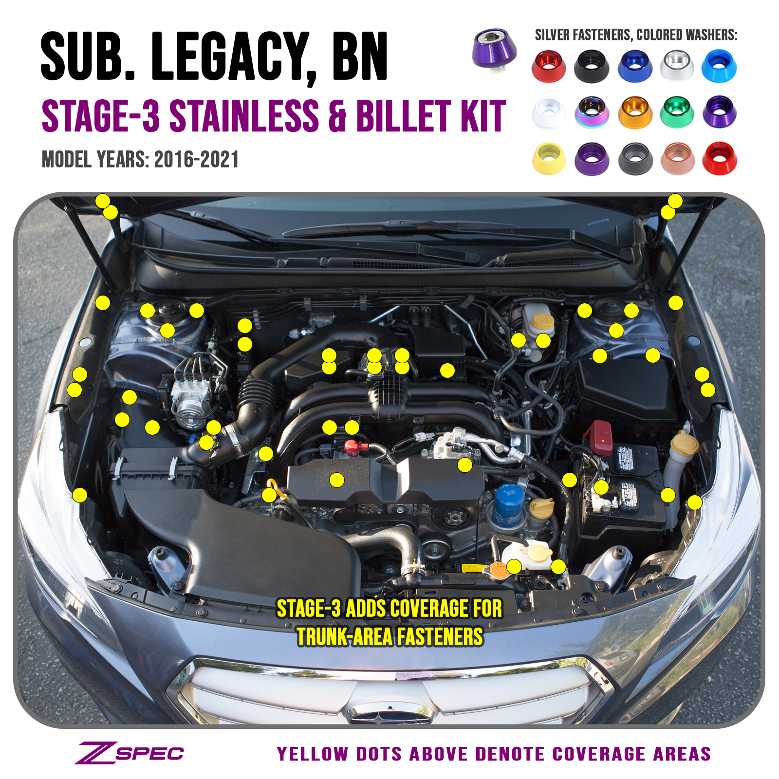 ZSPEC "Stage 3" Dress Up Bolts® Fastener Kit for '16-21 Subaru Legacy 3.6L, Stainless & Billet