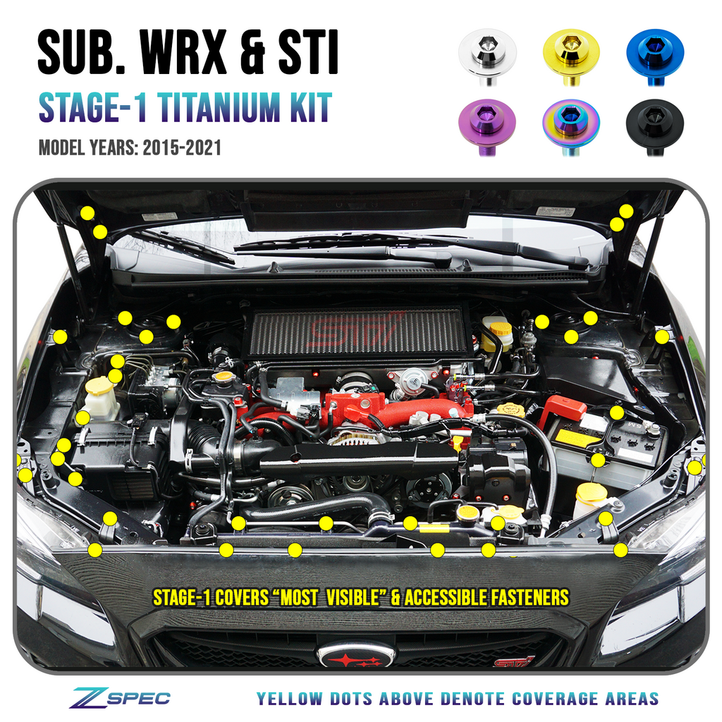 ZSPEC "Stage 1" Dress Up Bolts® Fastener Kit for '15-21 Subaru WRX & STI, Grade-5 Titanium