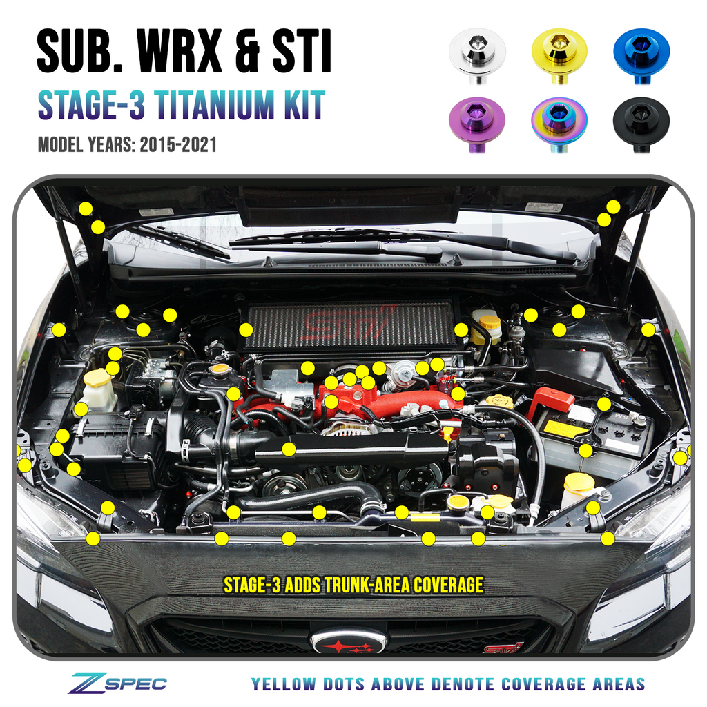 ZSPEC "Stage 3" Dress Up Bolts® Fastener Kit for '15-21 Subaru WRX & STI, Grade-5 Titanium