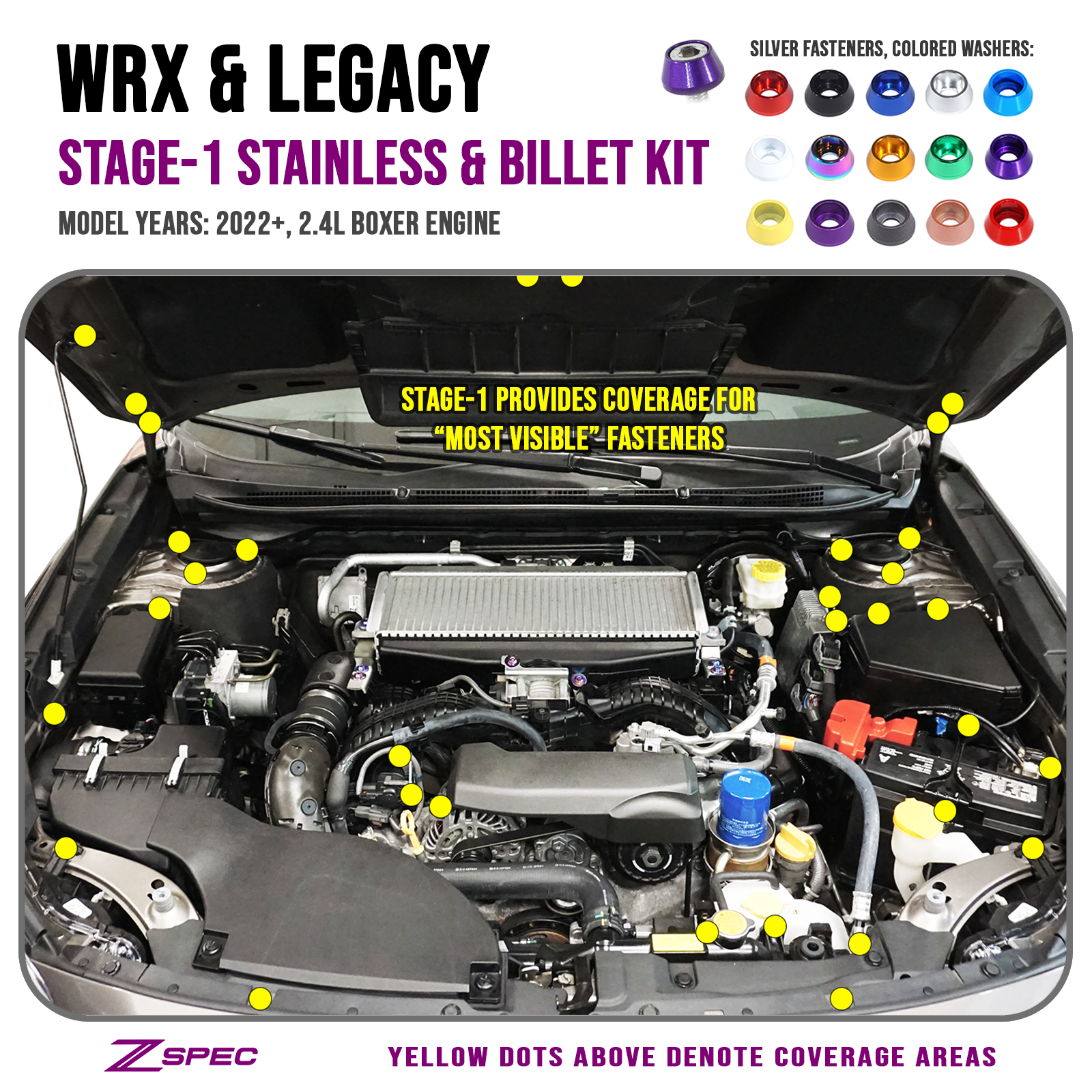 ZSPEC "Stage 1" Dress Up Bolts® Fastener Kit for '22+ Subaru WRX & Legacy, Stainless & Billet