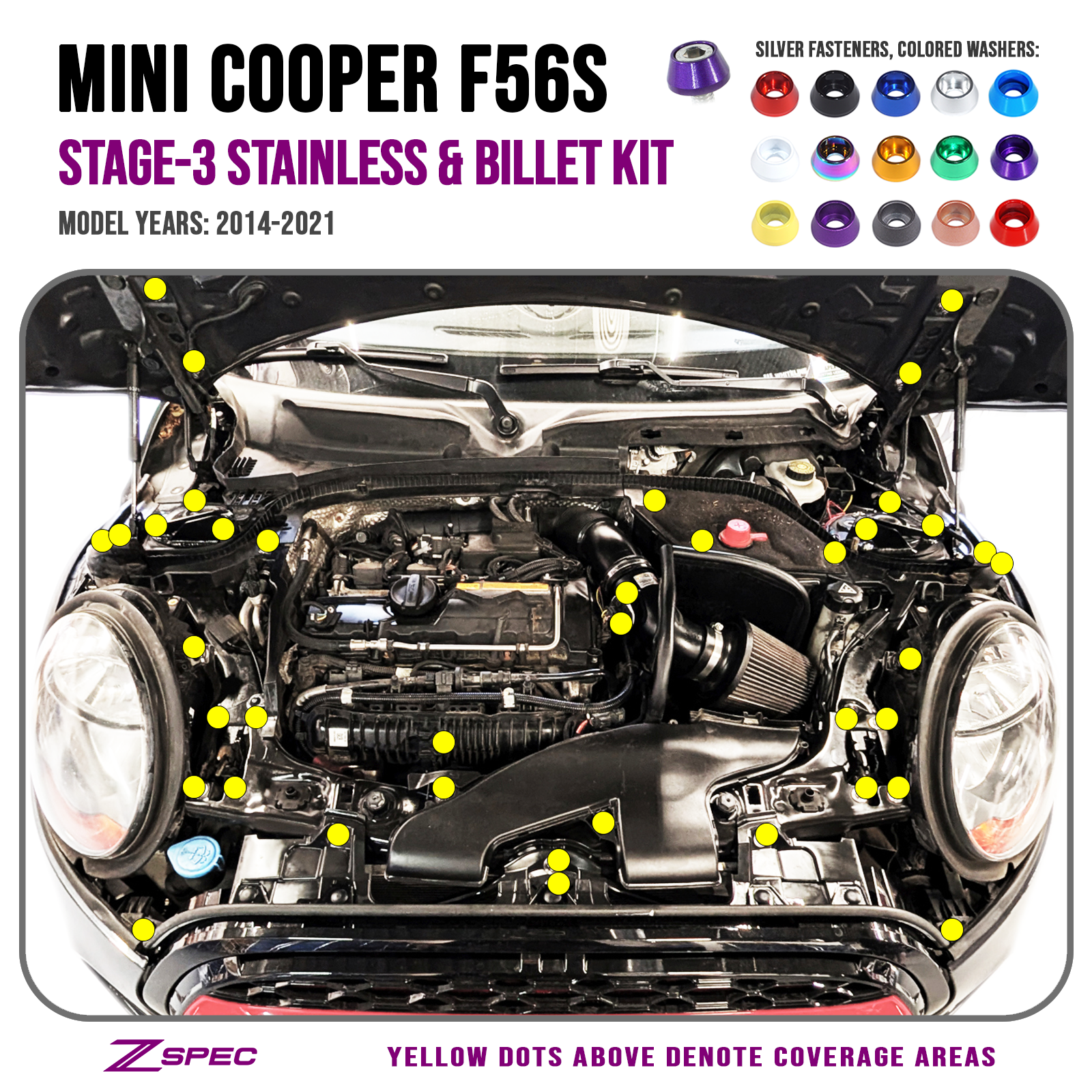 ZSPEC "Stage 3" Dress Up Bolts® Fastener Kit for Mini Cooper S F56S, Stainless & Billet