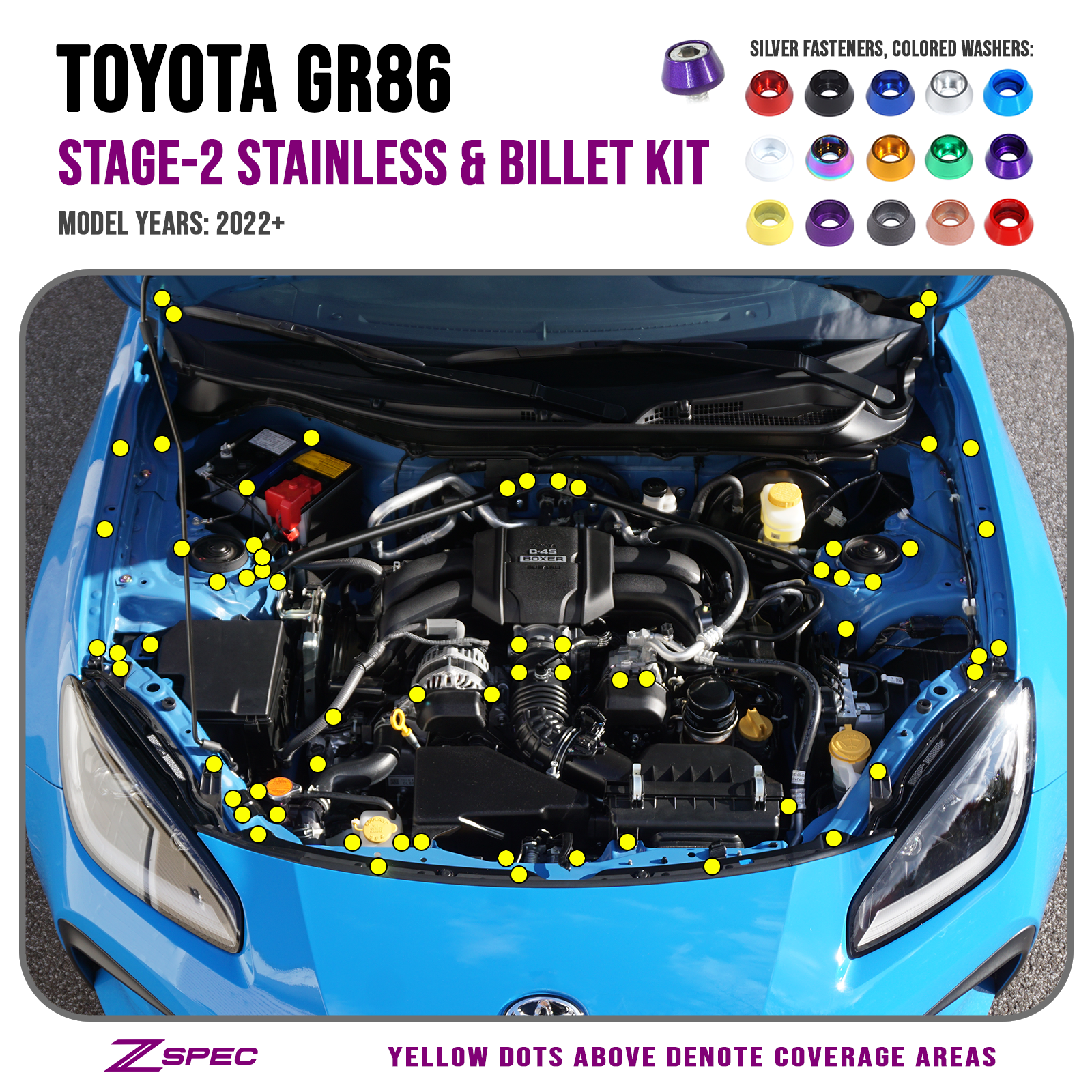 ZSPEC "Stage 2" Dress Up Bolts® Fastener Kit for '22+ Toyota GR86 & Subaru BRZ, Stainless & Billet