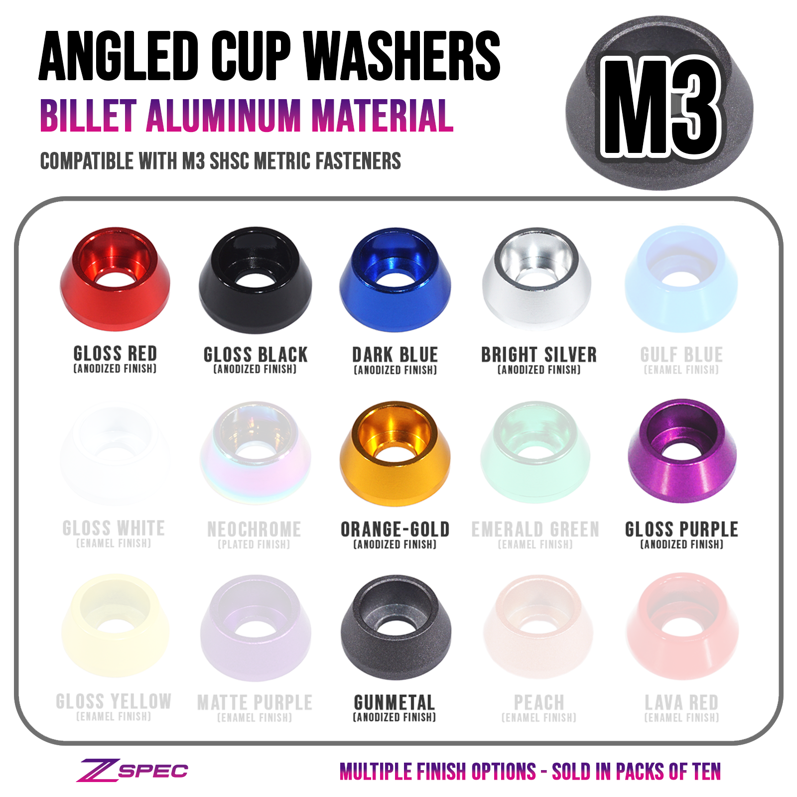 ZSPEC M3 Angled Cup Finish Washers for SHSC Socket-Cap Fasteners, 10-Pack