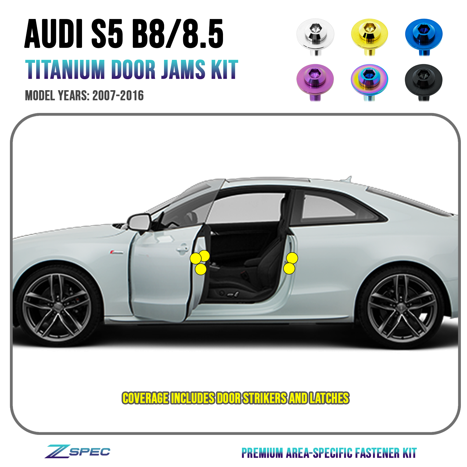 ZSPEC Dress Up Bolts® Door Strikers & Latches Fasteners for Audi S5 B8 EA837 3.0L, Titanium