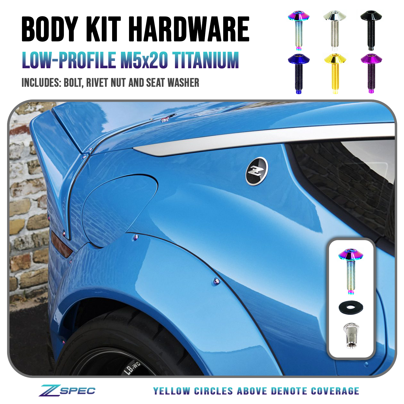 ZSPEC Low-Profile Body Kit Fastener, M5x20mm, Titanium w/ Rivet Nut, Sold per Each