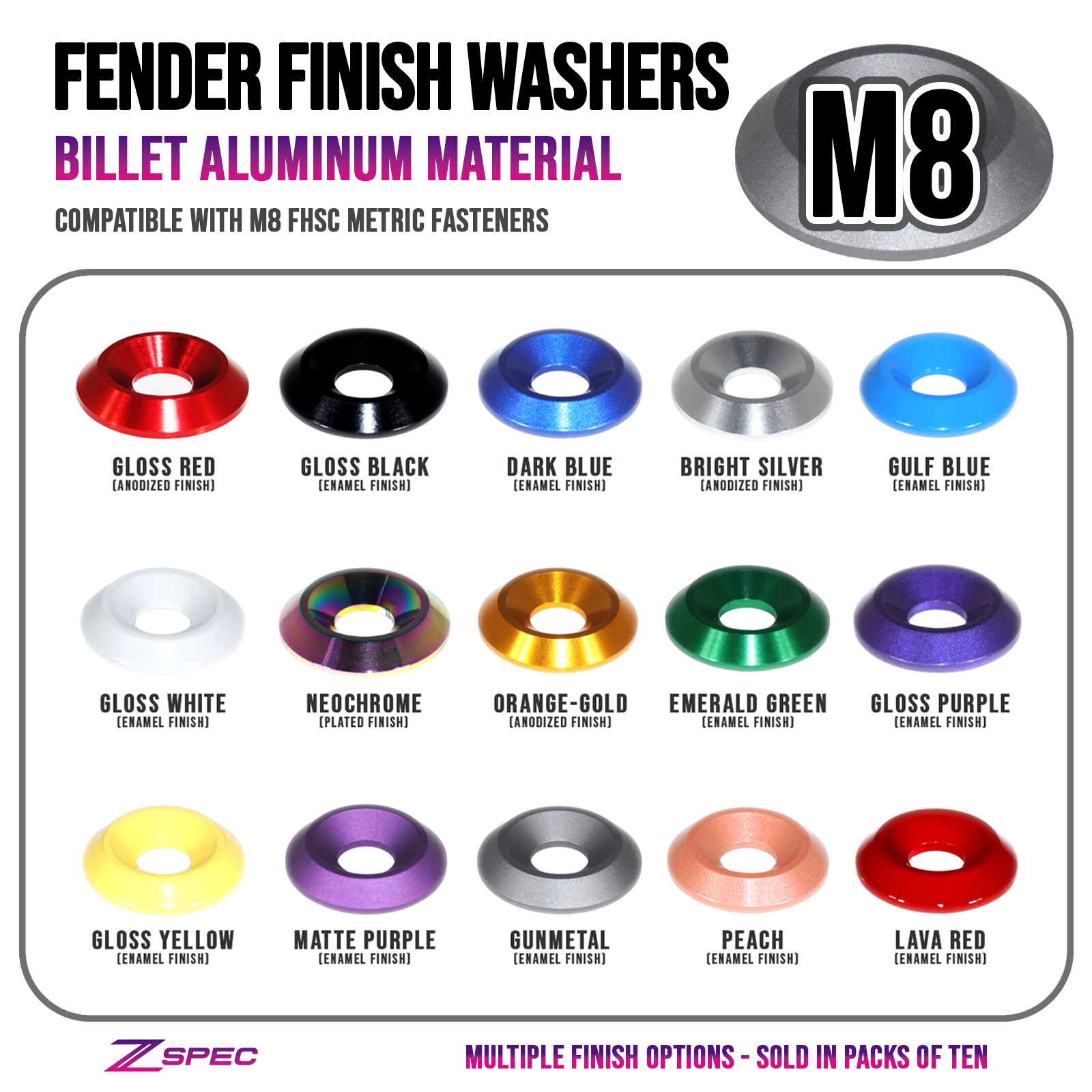 ZSPEC M8 Fender-Finish Washers for M8 FHSC Flat-Head Fasteners, Billet, 10-Pack