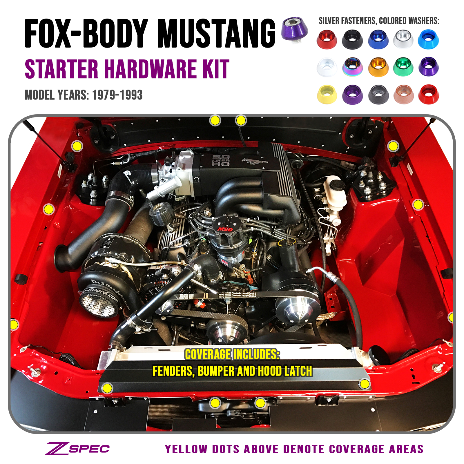 ZSPEC Fenders/Bumper/Hood Latch Kit, Mustang Fox-Body, Stainless & Billet