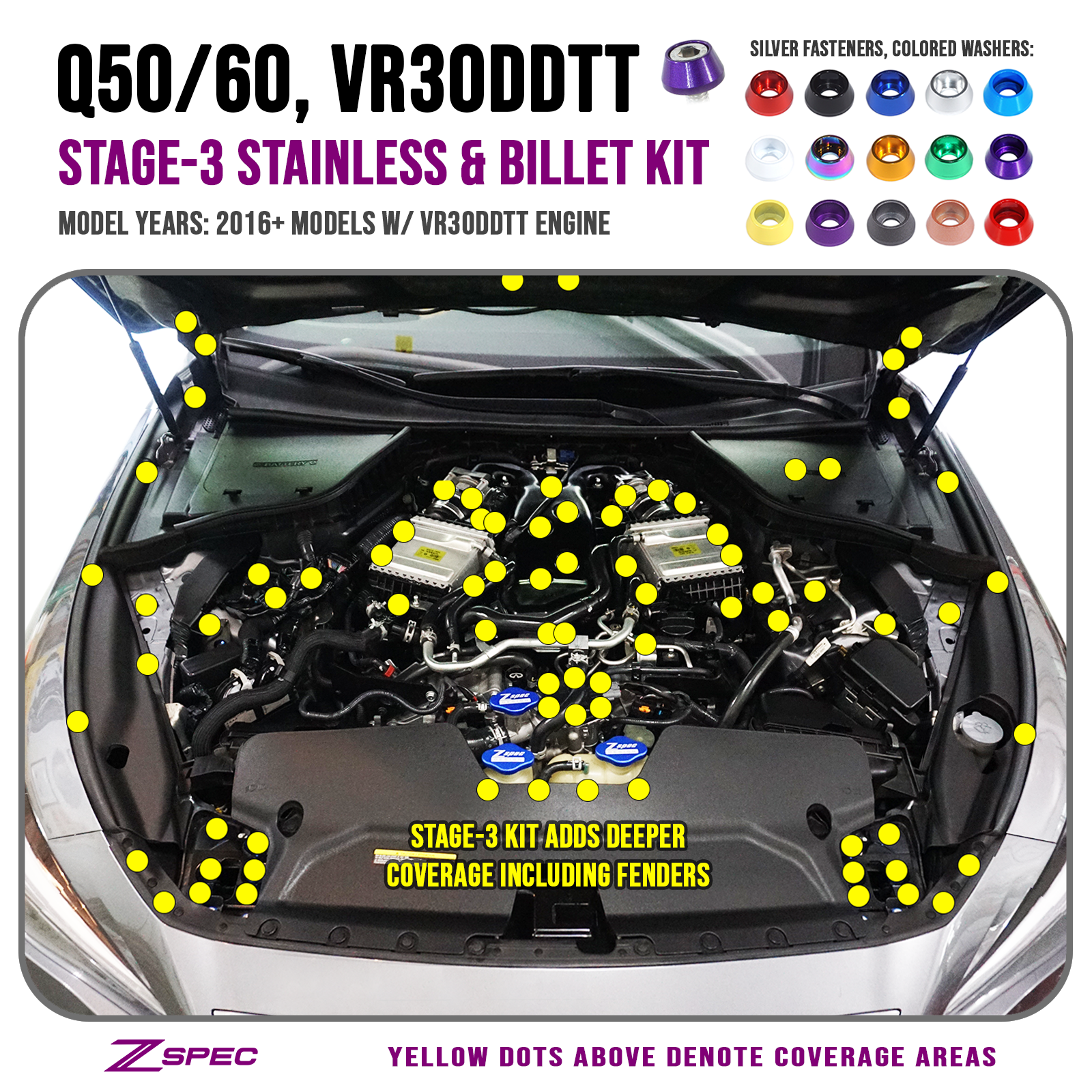 ZSPEC "Stage 3" Dress Up Bolts® Fastener Kit for Infiniti Q50/Q60 w/VR30DDTT, Stainless & Billet