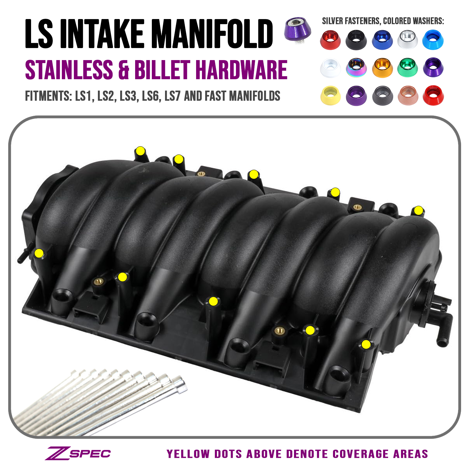 ZSPEC Intake Manifold Fastener Kit for LS1 LSX LS2 LS3 LS6 GM, Stainless & Billet