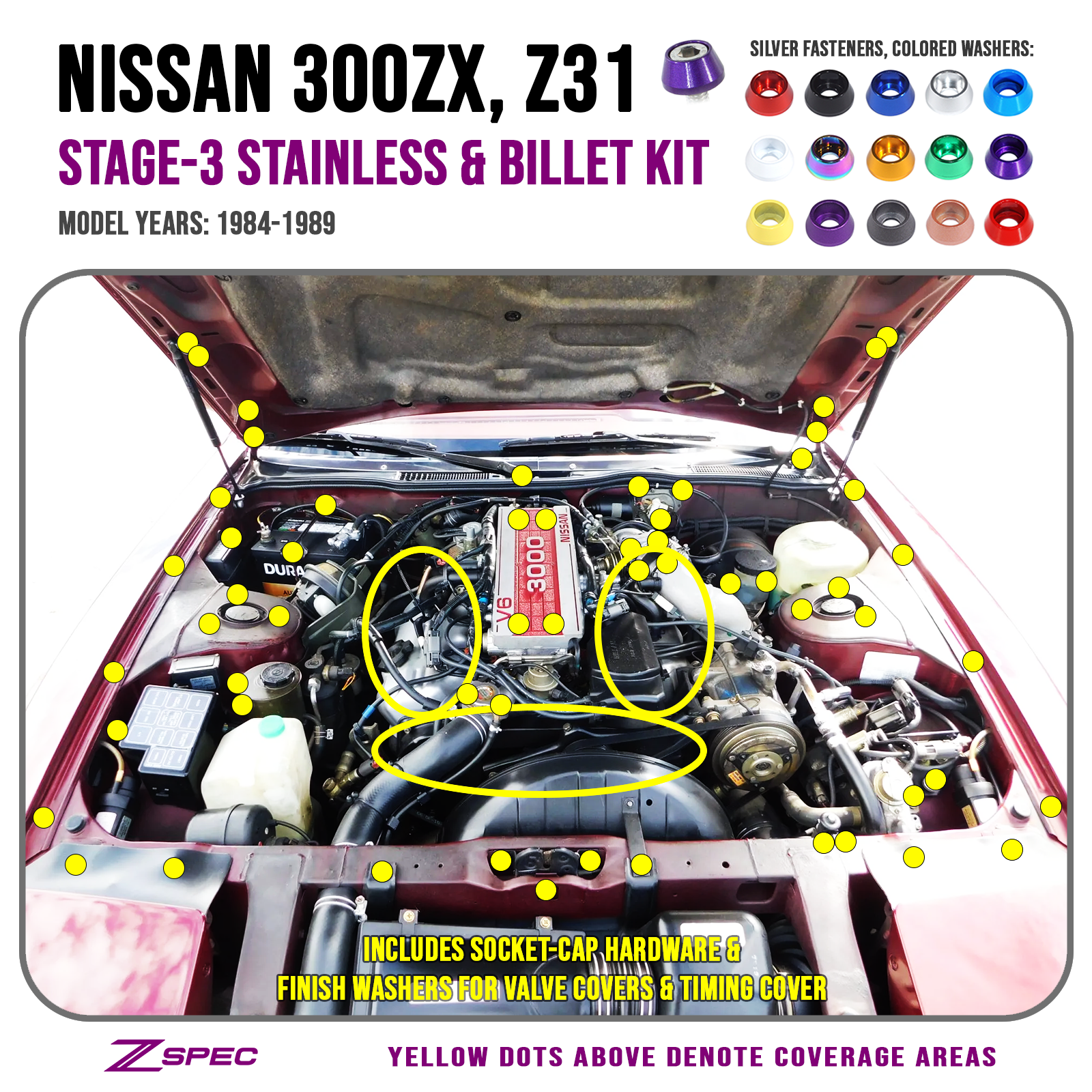 ZSPEC "Stage 3" Dress Up Bolts® Fastener Kit for '84-89 Nissan 300zx Z31, SHSC Hardware, Stainless & Billet
