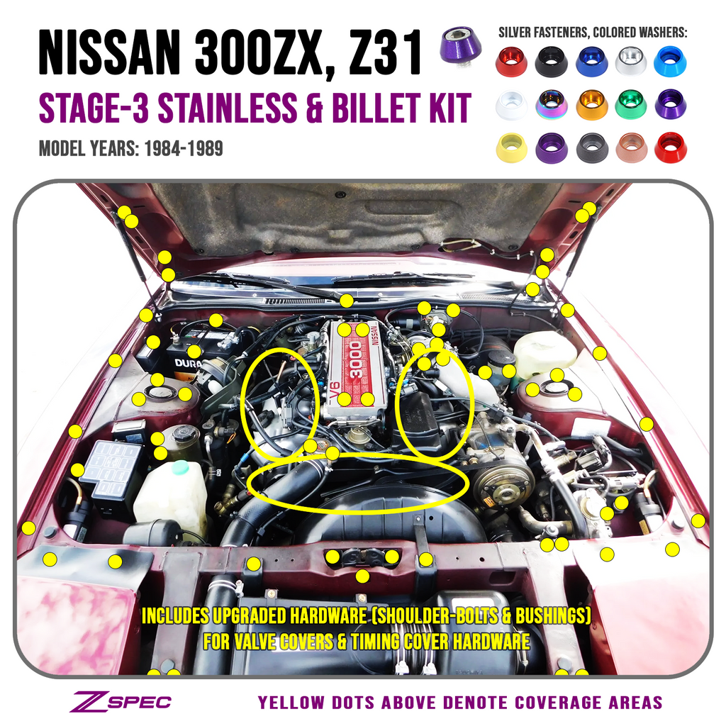 ZSPEC "Stage 3" Dress Up Bolts® Fastener Kit for 84-89 Nissan 300zx Z31 Upgraded Timing Bolts, Stainless & Billet