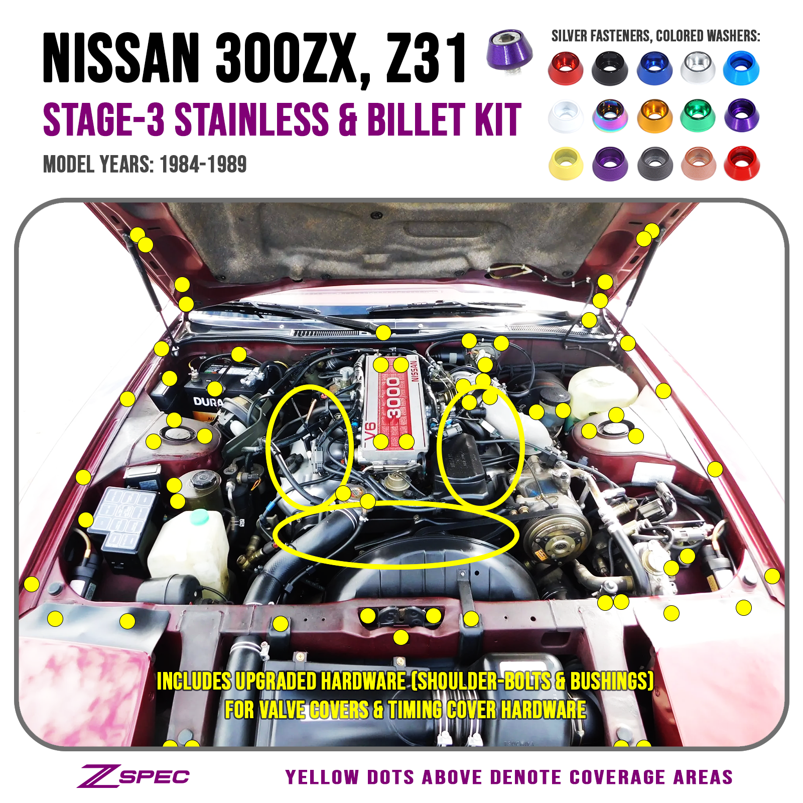 ZSPEC "Stage 3" Dress Up Bolts® Fastener Kit for 84-89 Nissan 300zx Z31 Upgraded Timing Bolts, Stainless & Billet