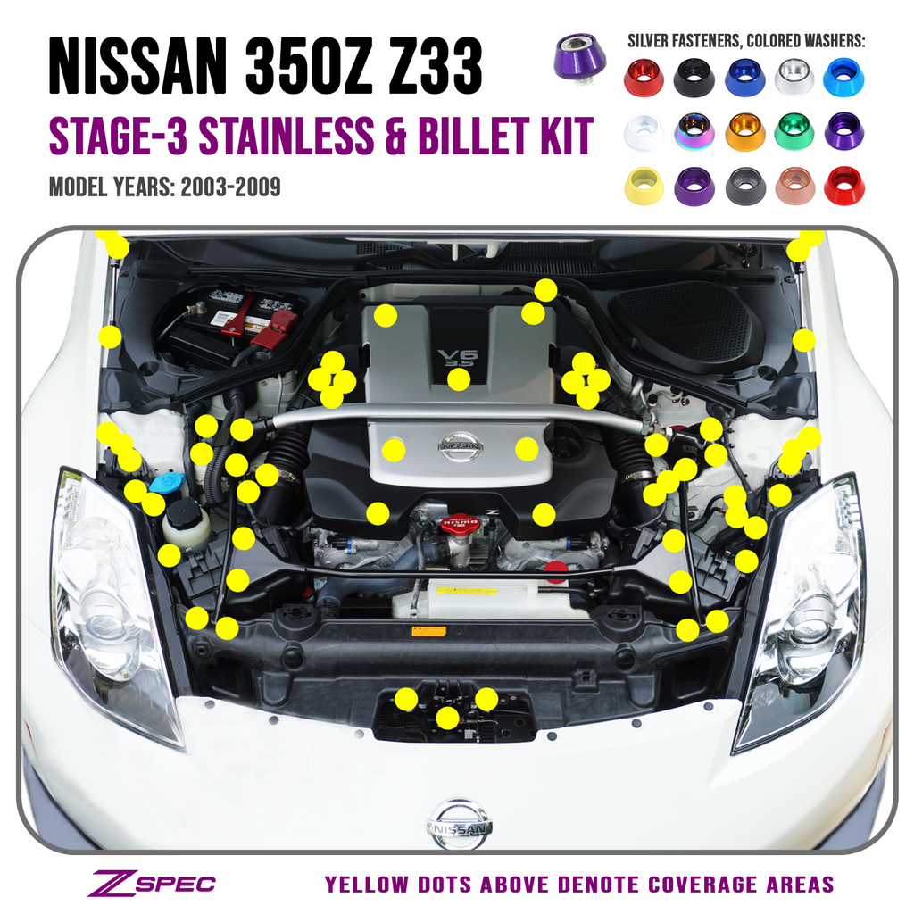 ZSPEC "Stage 3" Dress Up Bolts® Kit for Nissan 350z DE/HR, OEM-Length Plenum Bolts, Stainless & Billet