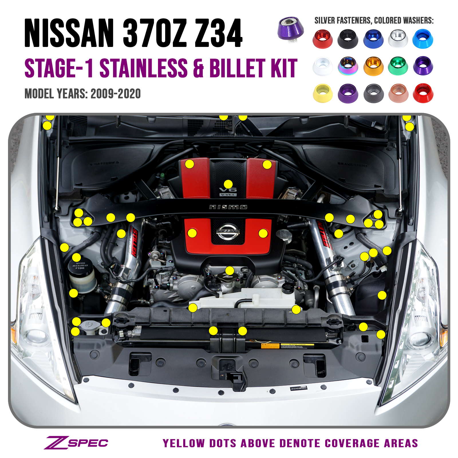 ZSPEC "Stage 1" Dress Up Bolts® Fastener Kit for '09-20 Nissan 370z Z34, Stainless & Billet
