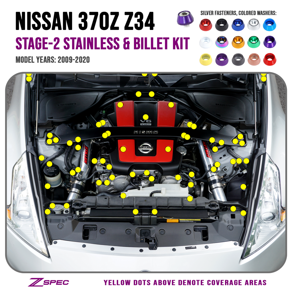 ZSPEC "Stage 2" Dress Up Bolts® Fastener Kit for '09-20 Nissan 370z Z34, Stainless & Billet