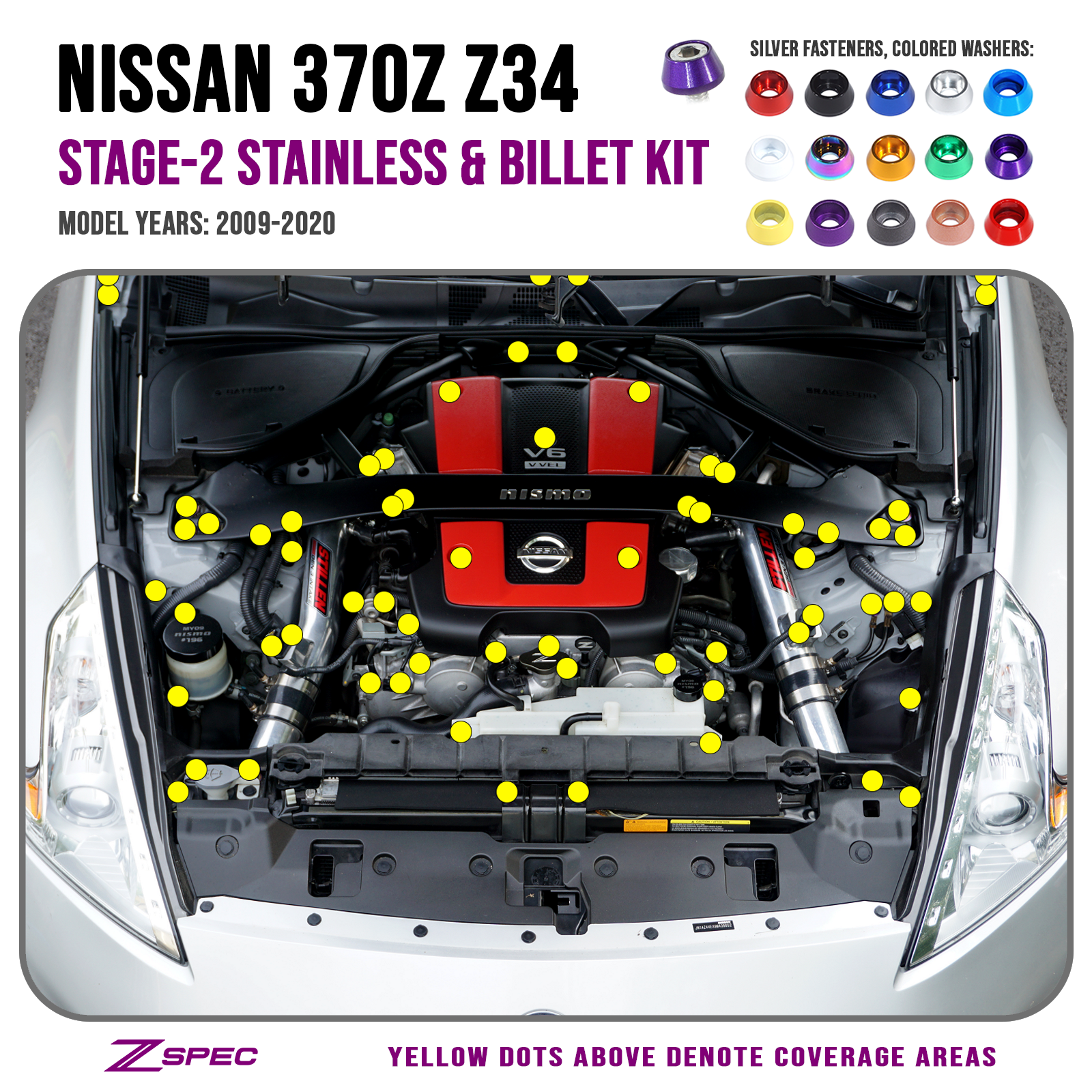 ZSPEC "Stage 2" Dress Up Bolts® Fastener Kit for '09-20 Nissan 370z Z34, Stainless & Billet