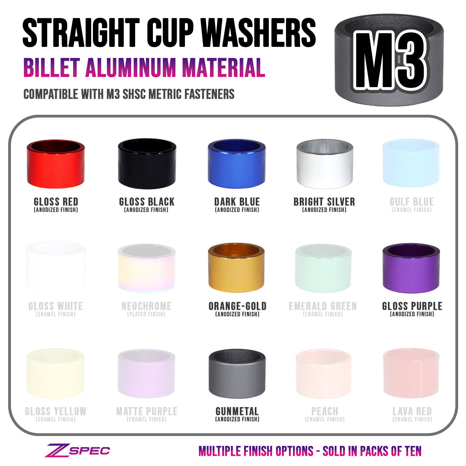 ZSPEC M3 Straight Cup Finish Washers for M3 SHSC Socket-Cap Fasteners, Billet, 10-Pack