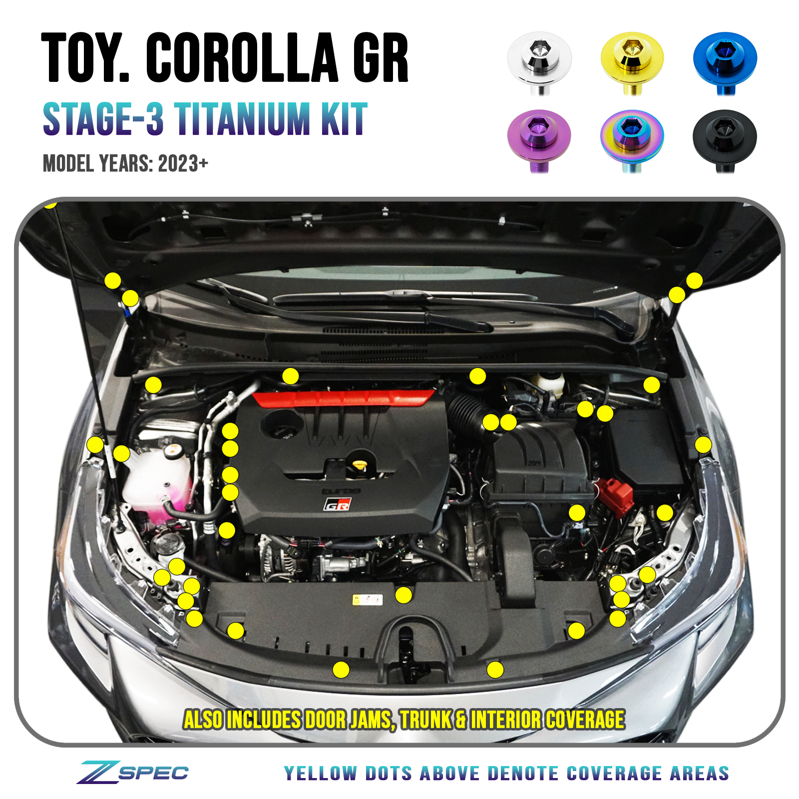 ZSPEC Stage-3 Dress Up Bolts® Fastener Kit for the GR Corolla, Titanium